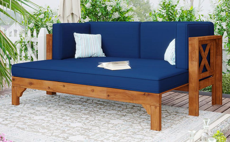 Outdoor Patio Extendable Wooden Sofa Set with Thick Blue Cushions - Urban Living Furniture (Los Angeles, CA)