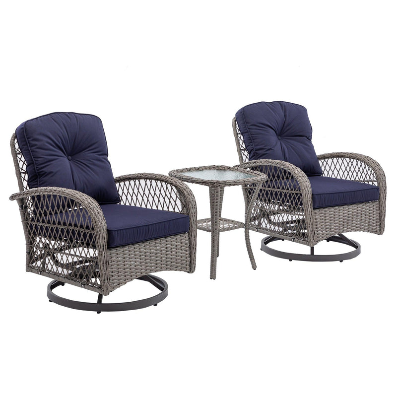 3 PCS Outdoor PatioModern Wicker Set with Table, Swivel Base Chairs and Navy Blue Cushions - Urban Living Furniture (Los Angeles, CA)