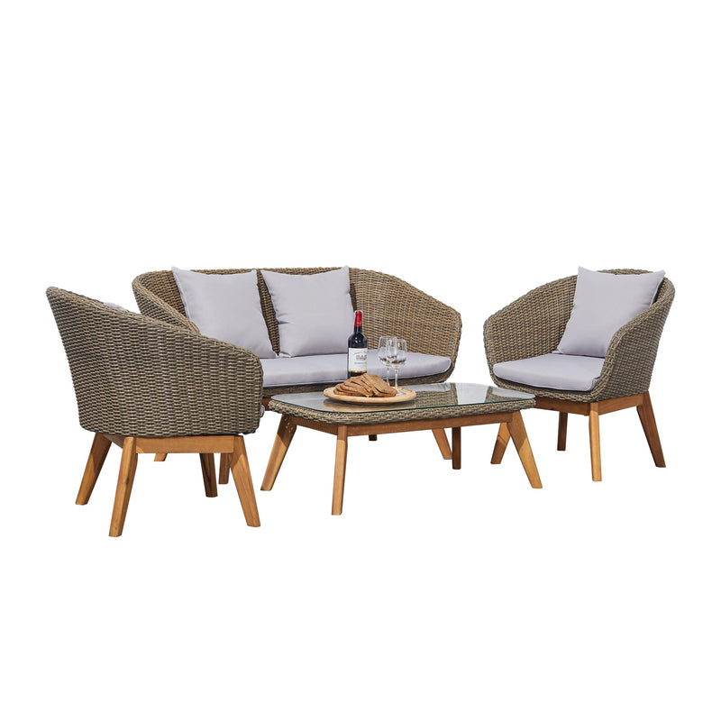 4 PCS Rustic All-Weather Patio Wood and Wicker Conversation Set