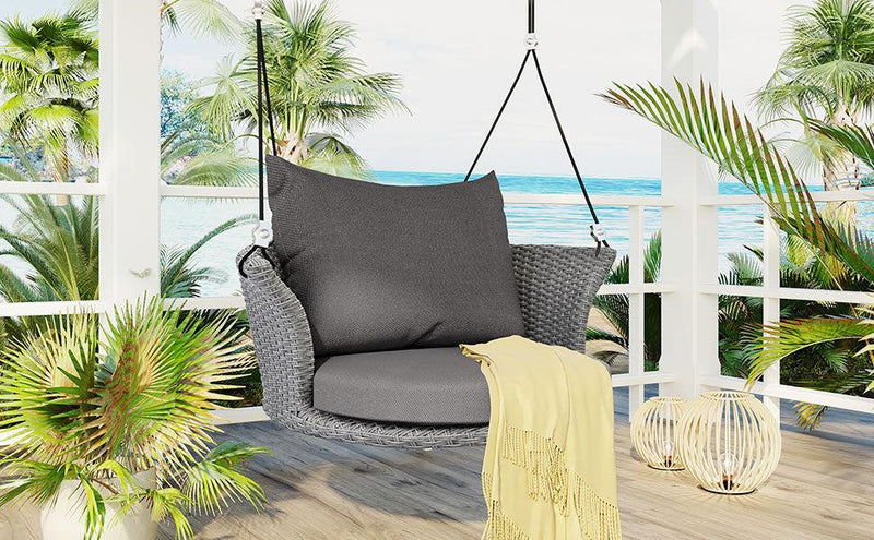 Single Person Rattan Woven Swing Hanging Seat With Ropes, Gray Wicker and Gray Cushion