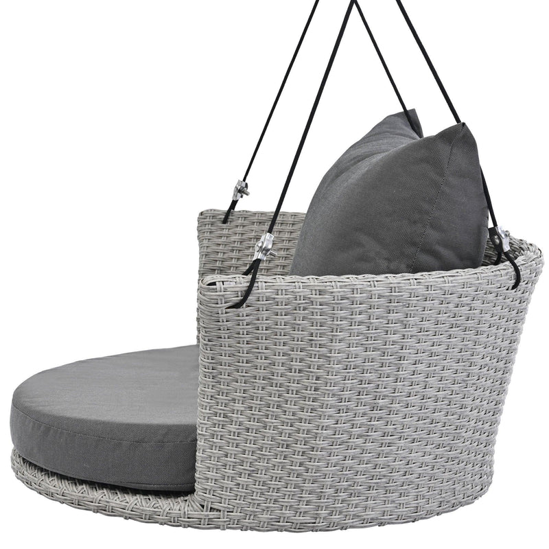 Single Person Rattan Woven Swing Hanging Seat With Ropes, Gray Wicker and Gray Cushion