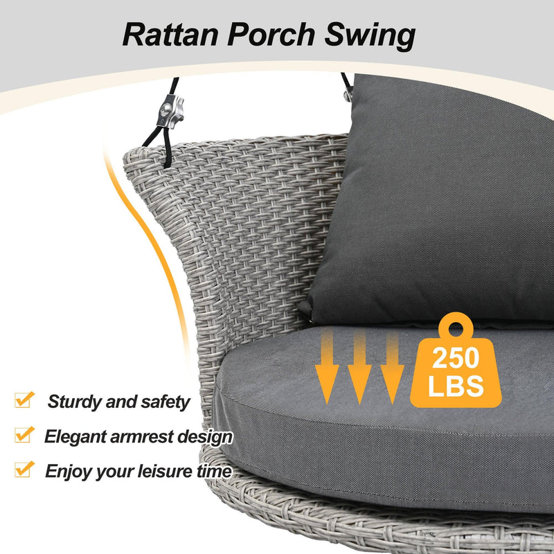 Single Person Rattan Woven Swing Hanging Seat With Ropes, Gray Wicker and Gray Cushion - Urban Living Furniture (Los Angeles, CA)