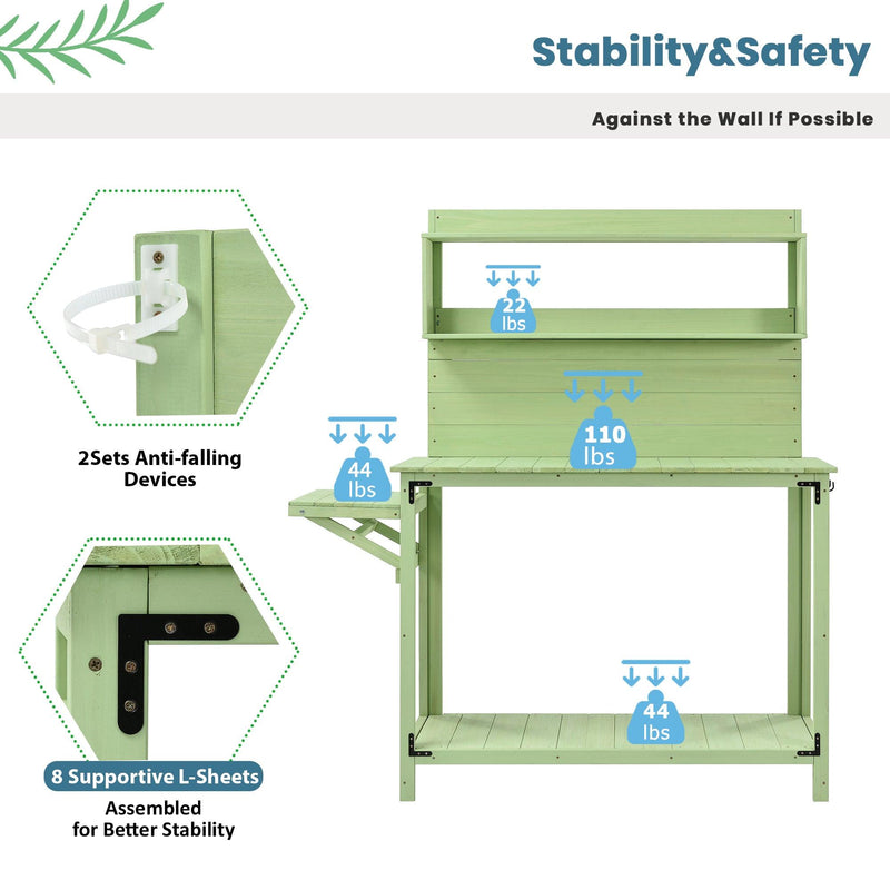 65inch Garden Wood Workstation Backyard Potting Bench Table with Shelves, Side Hook and Foldable Side Table - Green - Urban Living Furniture (Los Angeles, CA)