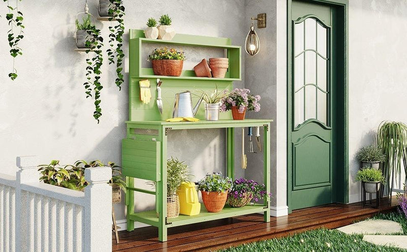 65inch Garden Wood Workstation Backyard Potting Bench Table with Shelves, Side Hook and Foldable Side Table - Green - Urban Living Furniture (Los Angeles, CA)