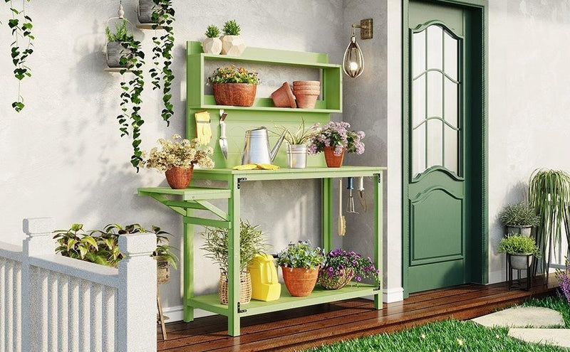 65inch Garden Wood Workstation Backyard Potting Bench Table with Shelves, Side Hook and Foldable Side Table - Green - Urban Living Furniture (Los Angeles, CA)