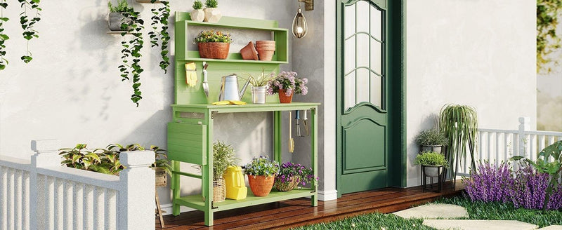 65inch Garden Wood Workstation Backyard Potting Bench Table with Shelves, Side Hook and Foldable Side Table - Green - Urban Living Furniture (Los Angeles, CA)