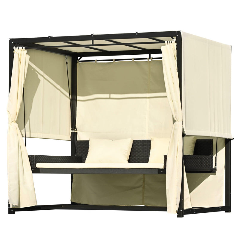 Outdoor Swing Bed with Beige Curtain and Beige Cushion