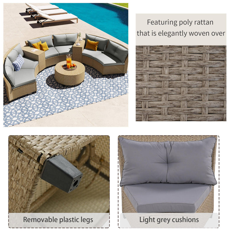 6-Person Fan-shaped Brown Rattan Suit with Gray Cushions and Coffee Table