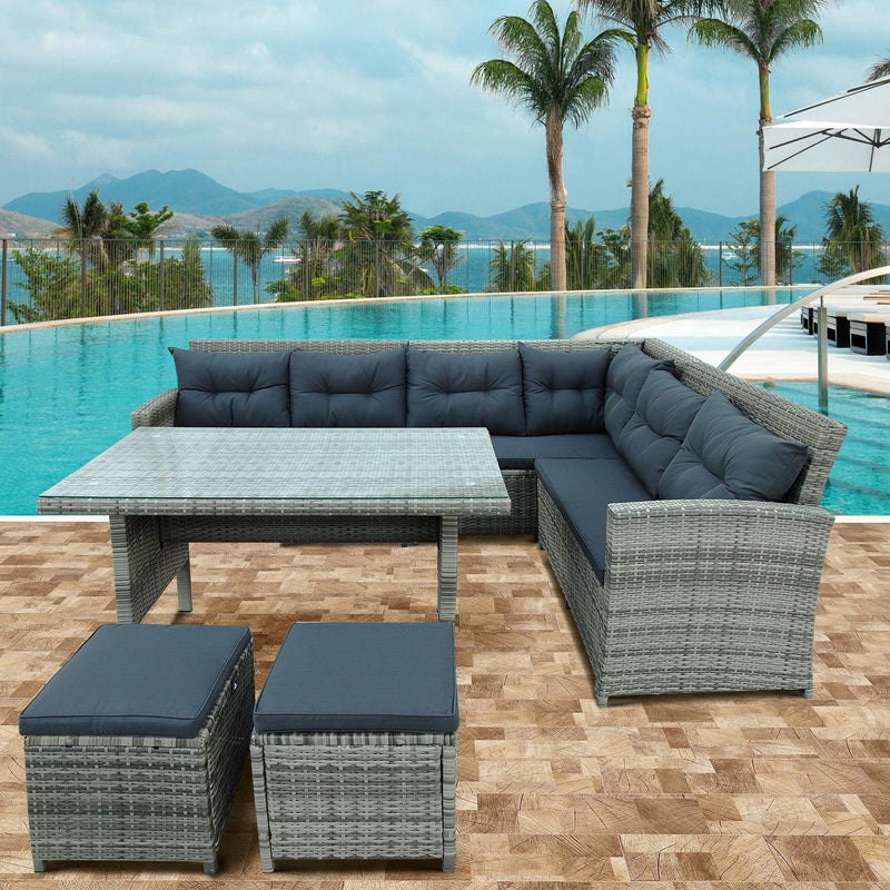 6 PCS Patio Furniture Set Outdoor Sectional Sofa with Glass Table, Ottomans - Gray