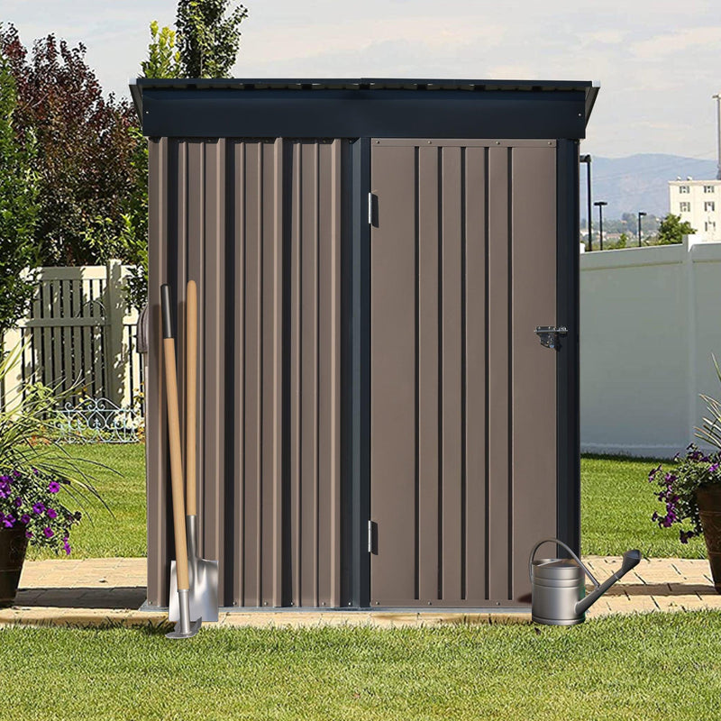 5ft x 3ft Outdoor Garden Metal Lean-to Shed with Lockable Door - Brown