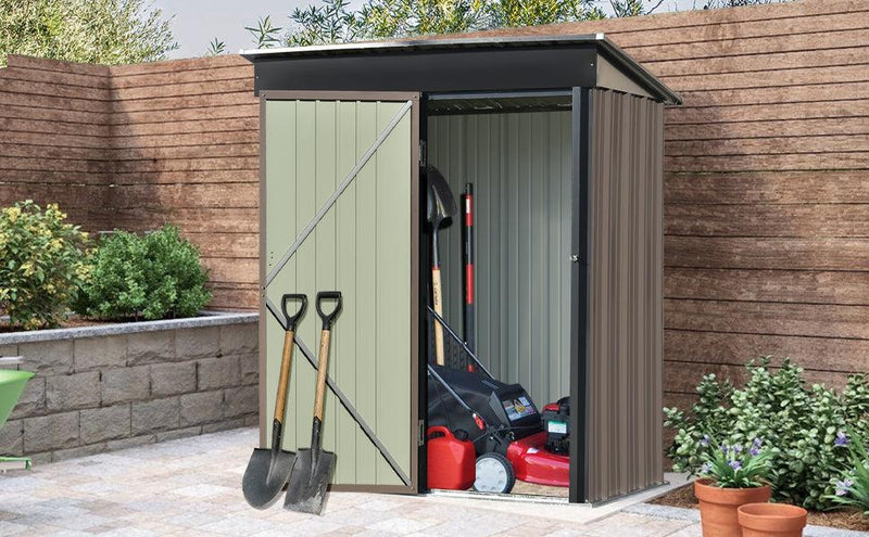 5ft x 3ft Outdoor Garden Metal Lean-to Shed with Lockable Door - Brown