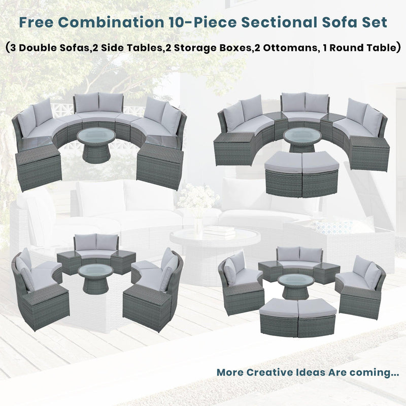 10 PCS Outdoor Patio Rattan Sectional Half Round Sofa Set withStorage Box and Light Gray Cushion