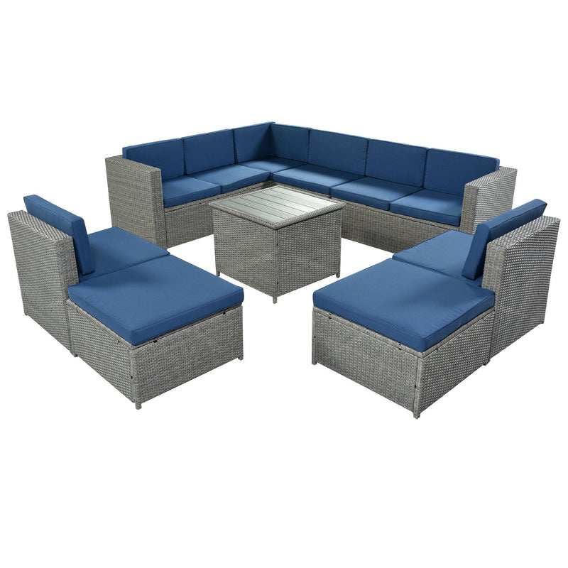 9 PCS Outdoor Gray Rattan Sectional Seating Group with Blue Cushions and Ottoman