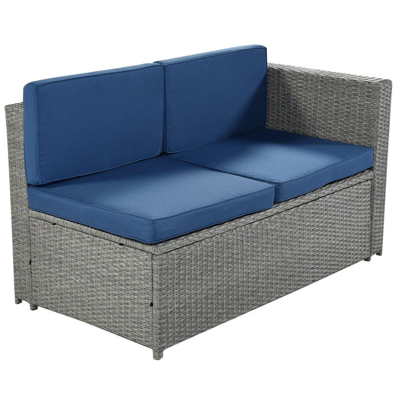 9 PCS Outdoor Gray Rattan Sectional Seating Group with Blue Cushions and Ottoman