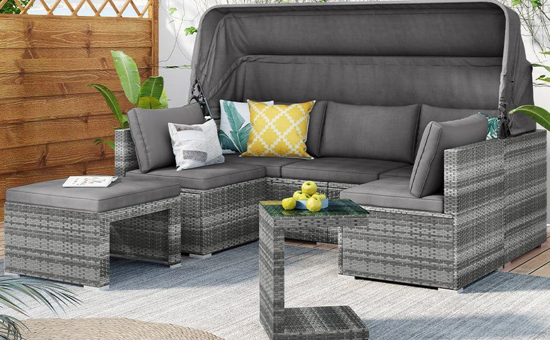 5 PCS Outdoor Patio Rattan Sectional Sofa Daybed Set with Canopy and Tempered Glass Side Table - Gray