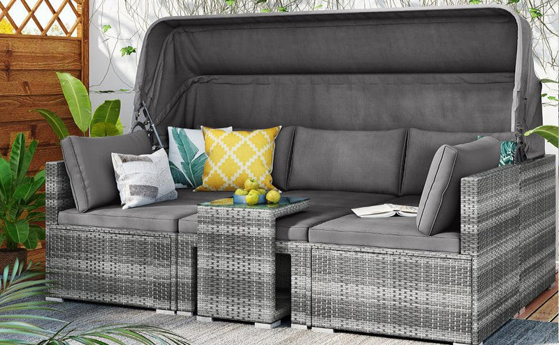 5 PCS Outdoor Patio Rattan Sectional Sofa Daybed Set with Canopy and Tempered Glass Side Table - Gray