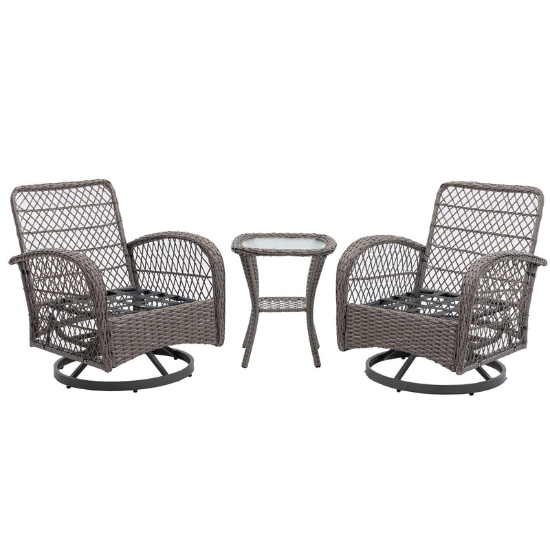 3 PCS Outdoor PatioModern Wicker Set with Table, Swivel Base Chairs and Gray Cushions