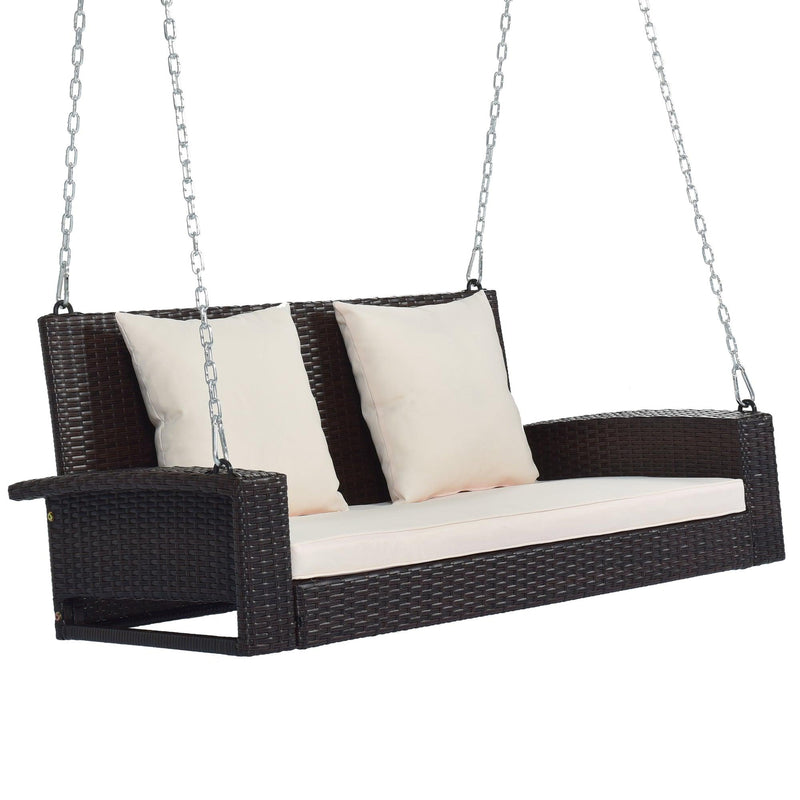 2-Person Brown Wicker Hanging Porch Swing with Chains, White Cushions and Pillows