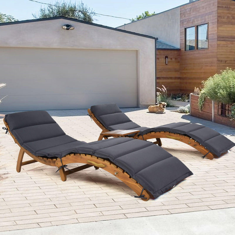 Outdoor Patio Wood Portable Extended Chaise Lounge Set with Foldable Tea Table and Dark Gray Cushions - Urban Living Furniture (Los Angeles, CA)