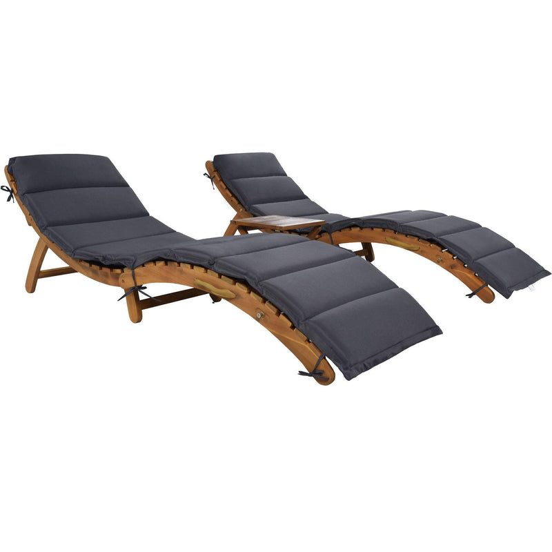 Outdoor Patio Wood Portable Extended Chaise Lounge Set with Foldable Tea Table and Dark Gray Cushions - Urban Living Furniture (Los Angeles, CA)