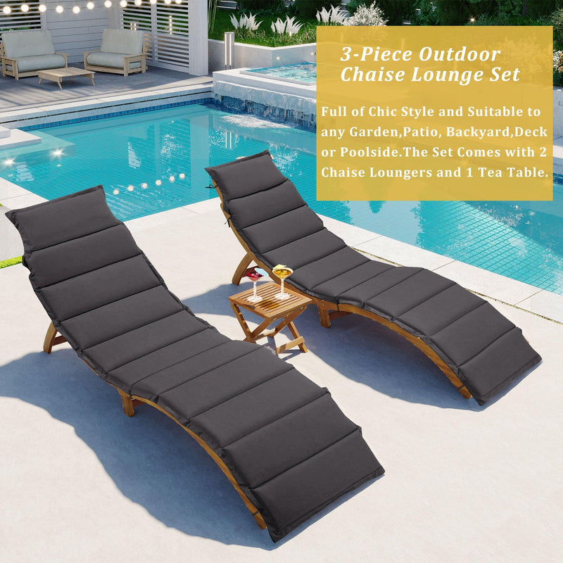 Outdoor Patio Wood Portable Extended Chaise Lounge Set with Foldable Tea Table and Dark Gray Cushions - Urban Living Furniture (Los Angeles, CA)