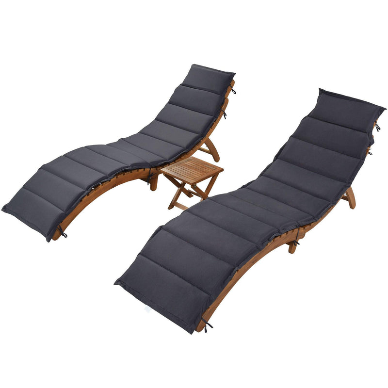 Outdoor Patio Wood Portable Extended Chaise Lounge Set with Foldable Tea Table and Dark Gray Cushions - Urban Living Furniture (Los Angeles, CA)