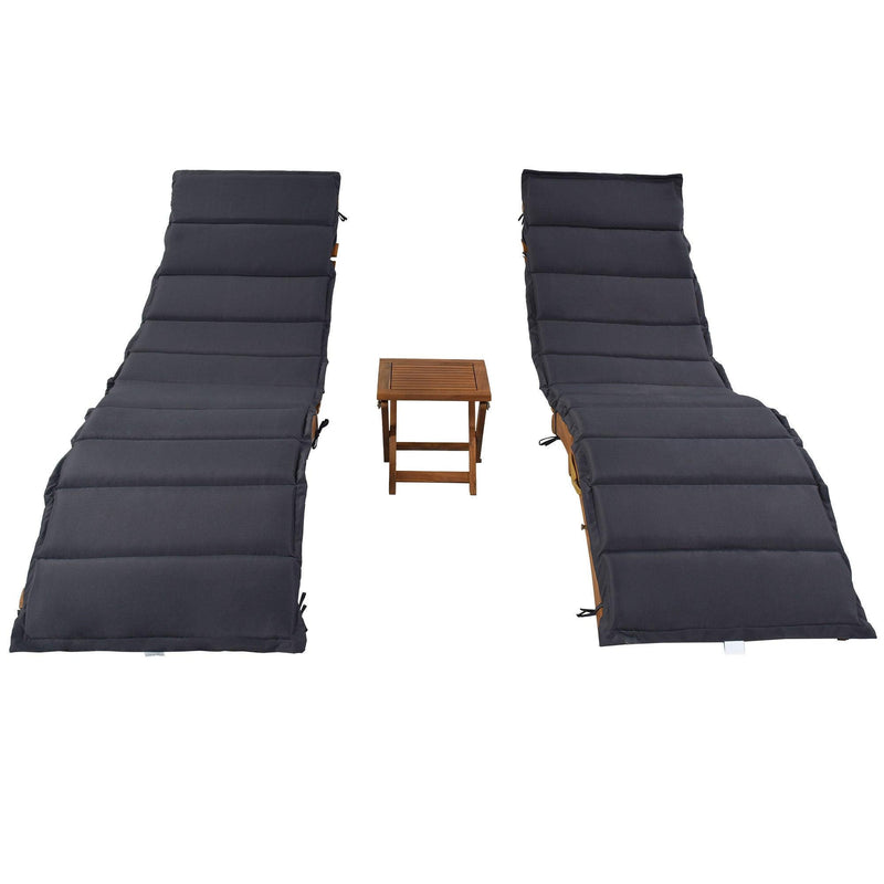 Outdoor Patio Wood Portable Extended Chaise Lounge Set with Foldable Tea Table and Dark Gray Cushions