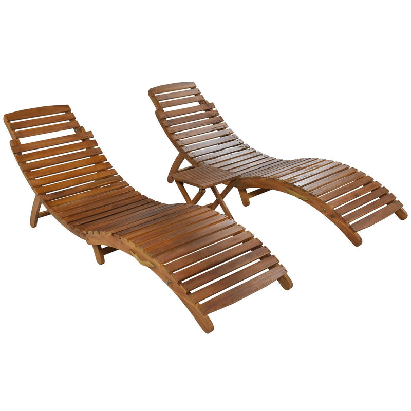 Outdoor Patio Wood Portable Extended Chaise Lounge Set with Foldable Tea Table and Dark Gray Cushions - Urban Living Furniture (Los Angeles, CA)