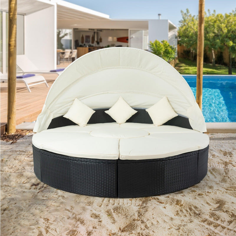 Outdoor Patio Rattan Wicker Round Daybed with Retractable Canopy and Washable Cushions