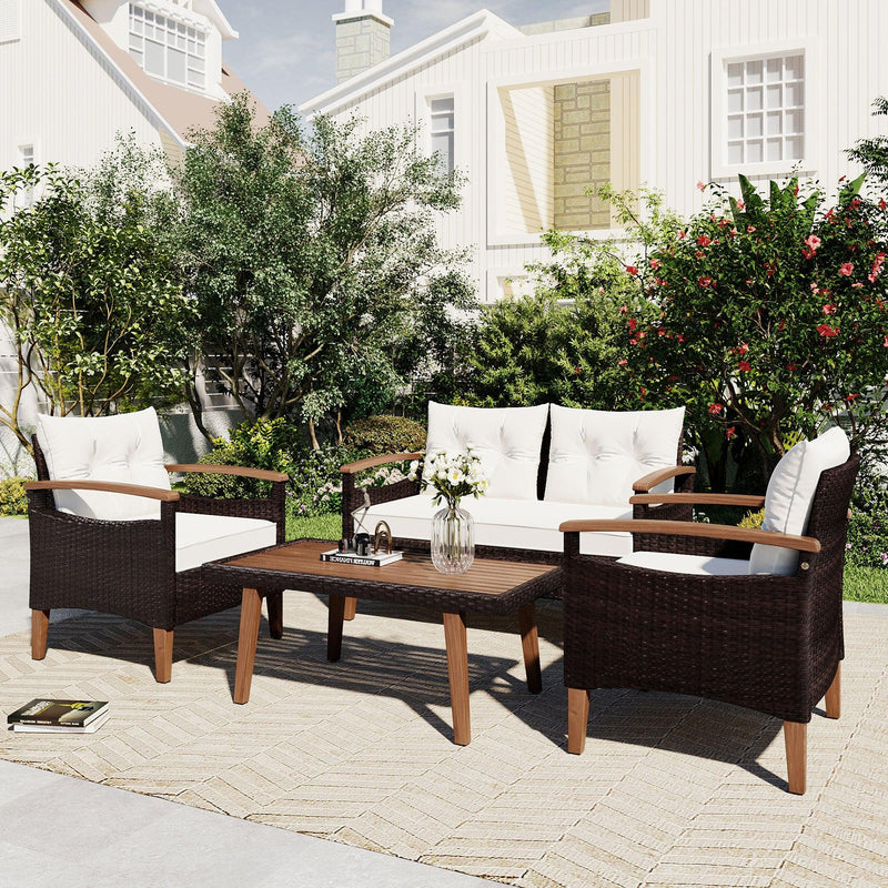4 PCS Outdoor Garden PE Rattan Seating Furniture Set with Beige Cushions