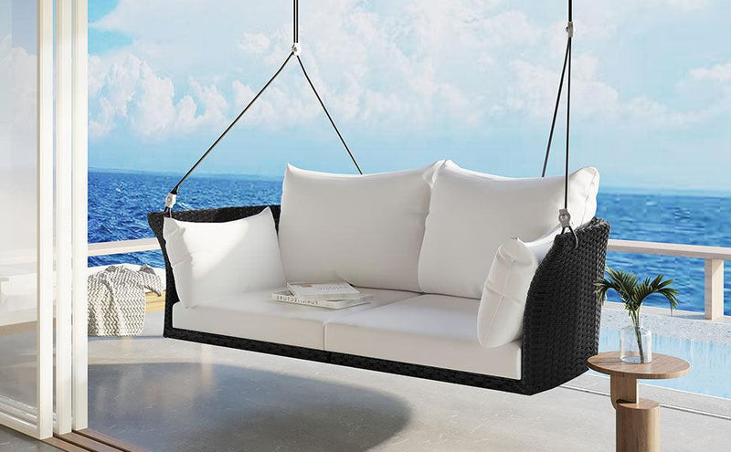 2-Person Rattan Woven Swing Hanging Seat With Ropes, Black Wicker and White Cushion