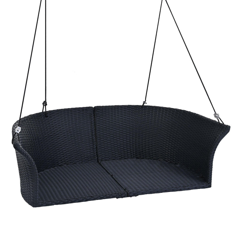 2-Person Rattan Woven Swing Hanging Seat With Ropes, Black Wicker and White Cushion