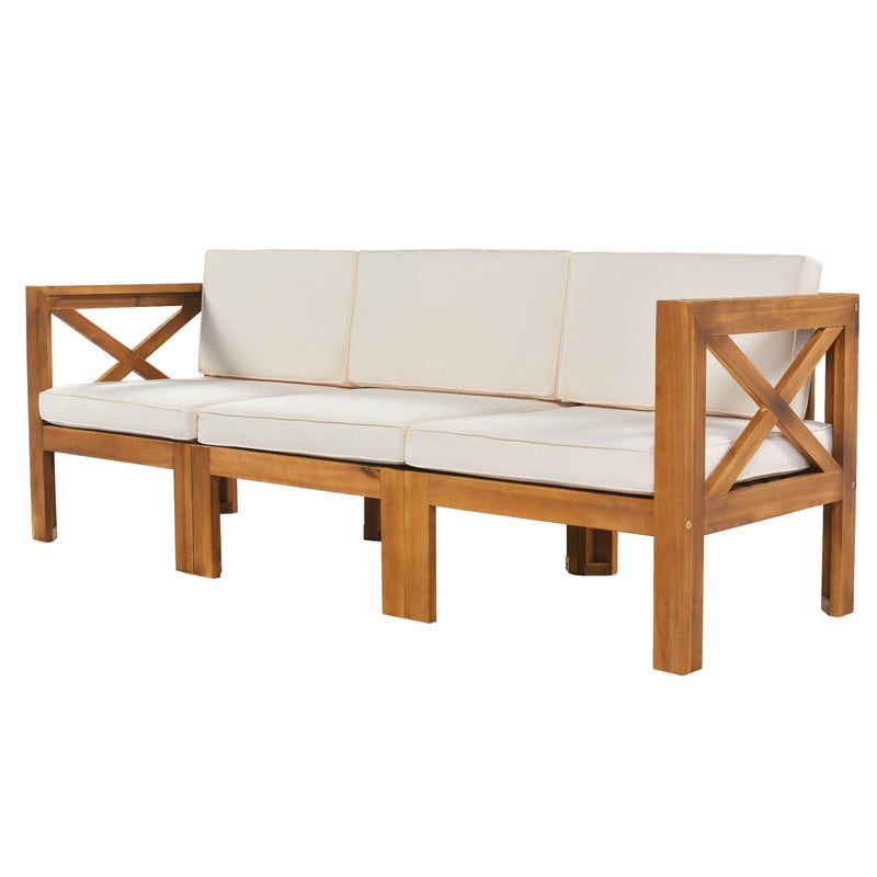 5 PCS Outdoor Backyard Patio Wood Sectional Sofa Seating Group Set with Beige Cushions