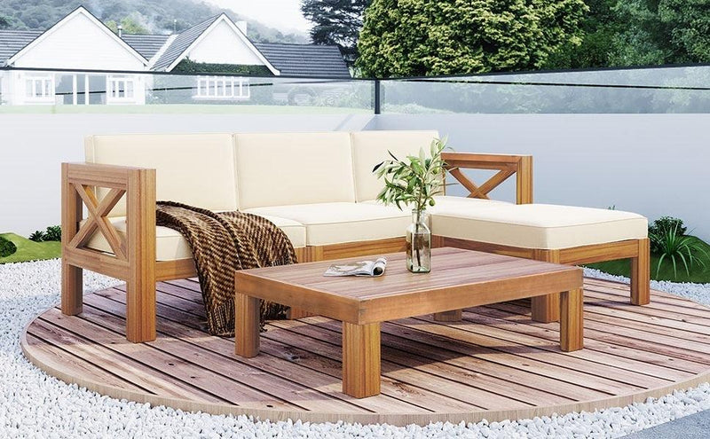 5 PCS Outdoor Backyard Patio Wood Sectional Sofa Seating Group Set with Beige Cushions