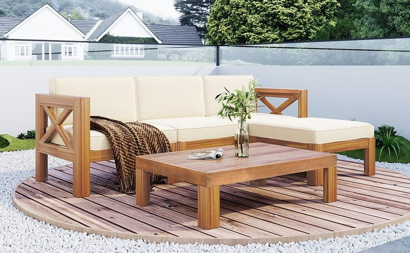 5 PCS Outdoor Backyard Patio Wood Sectional Sofa Seating Group Set with Beige Cushions - Urban Living Furniture (Los Angeles, CA)