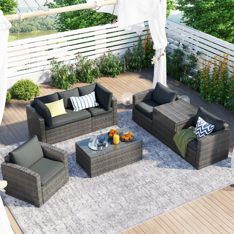 7 PCS Outdoor Patio Arrangeable Wicker Rattan Furniture Sets with Table,Storage Box, and Gray Cushion - Urban Living Furniture (Los Angeles, CA)