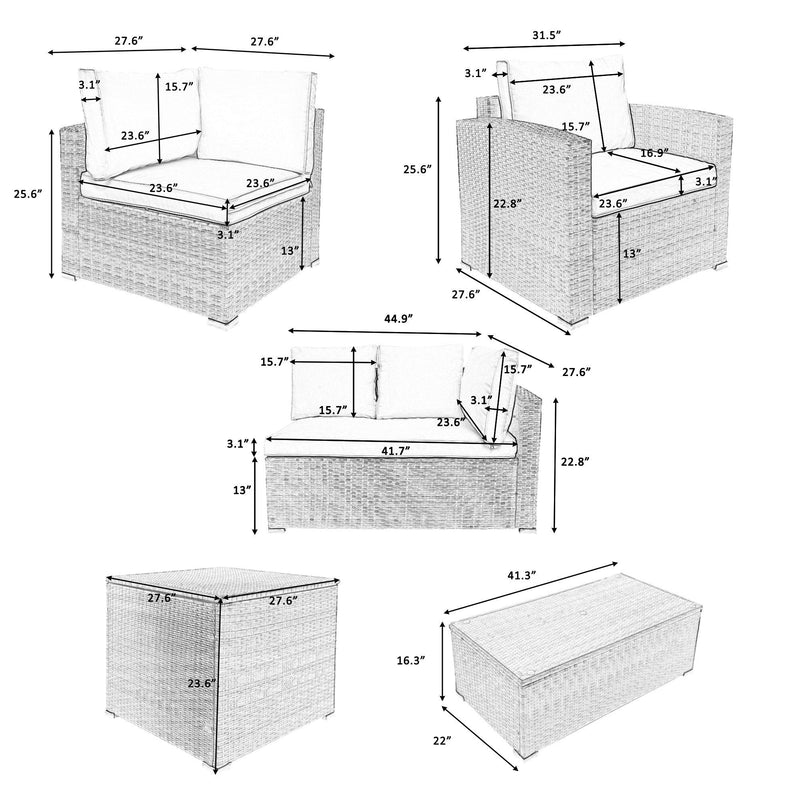 7 PCS Outdoor Patio Arrangeable Wicker Rattan Furniture Sets with Table,Storage Box, and Gray Cushion - Urban Living Furniture (Los Angeles, CA)