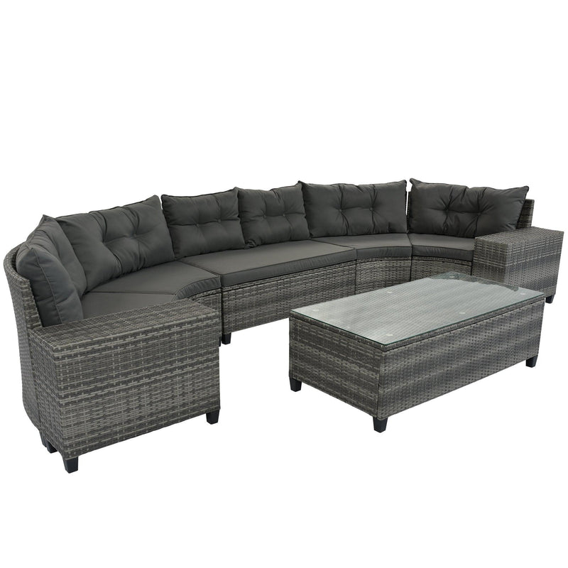 8 PCS Outdoor All Weather Wicker Rattan Half-Moon Sectional Set with CoffeeTable and Movable Gray Cushions
