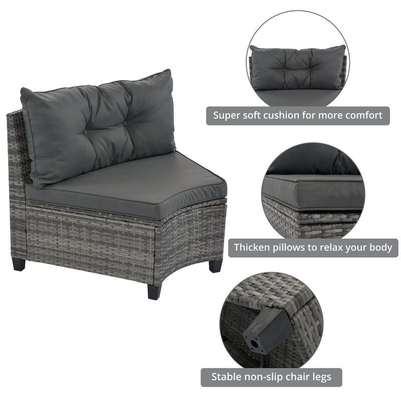 8 PCS Outdoor All Weather Wicker Rattan Half-Moon Sectional Set with CoffeeTable and Movable Gray Cushions