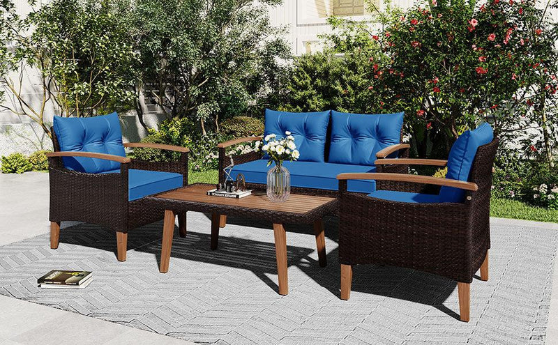 4 PCS Outdoor Garden PE Rattan Seating Furniture Set with Blue Cushions - Urban Living Furniture (Los Angeles, CA)