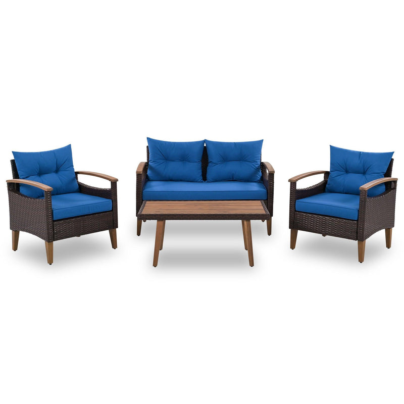 4 PCS Outdoor Garden PE Rattan Seating Furniture Set with Blue Cushions - Urban Living Furniture (Los Angeles, CA)