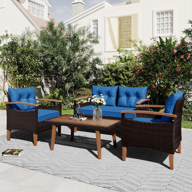 4 PCS Outdoor Garden PE Rattan Seating Furniture Set with Blue Cushions - Urban Living Furniture (Los Angeles, CA)