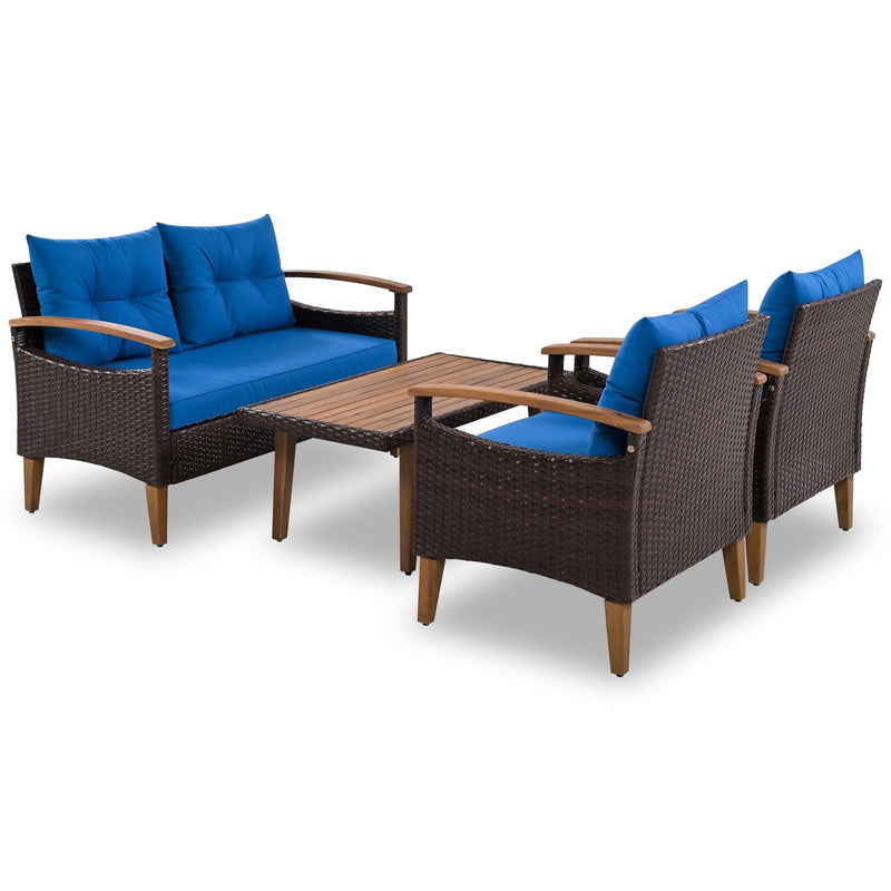 4 PCS Outdoor Garden PE Rattan Seating Furniture Set with Blue Cushions