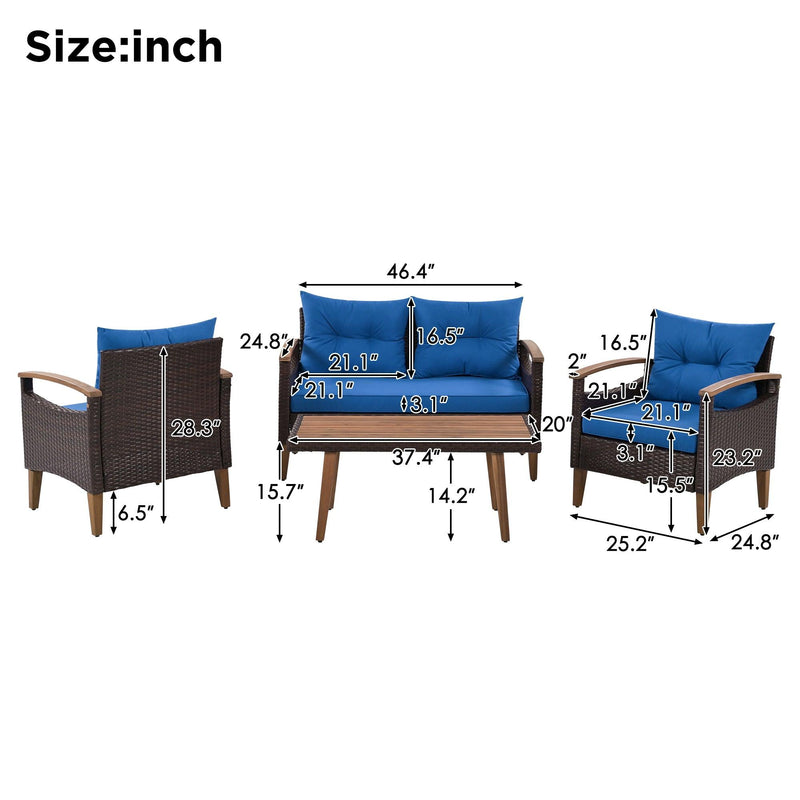 4 PCS Outdoor Garden PE Rattan Seating Furniture Set with Blue Cushions