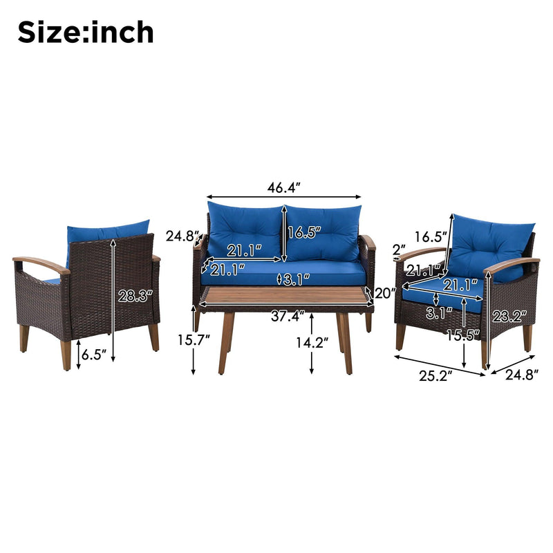 4 PCS Outdoor Garden PE Rattan Seating Furniture Set with Blue Cushions - Urban Living Furniture (Los Angeles, CA)