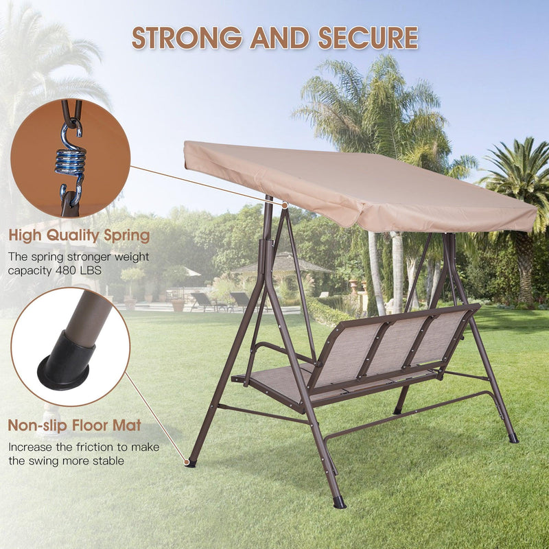 3 Person Outdoor Patio Steel Frame Swing Chair with Textilene Seats and Adjustable Beige Canopy