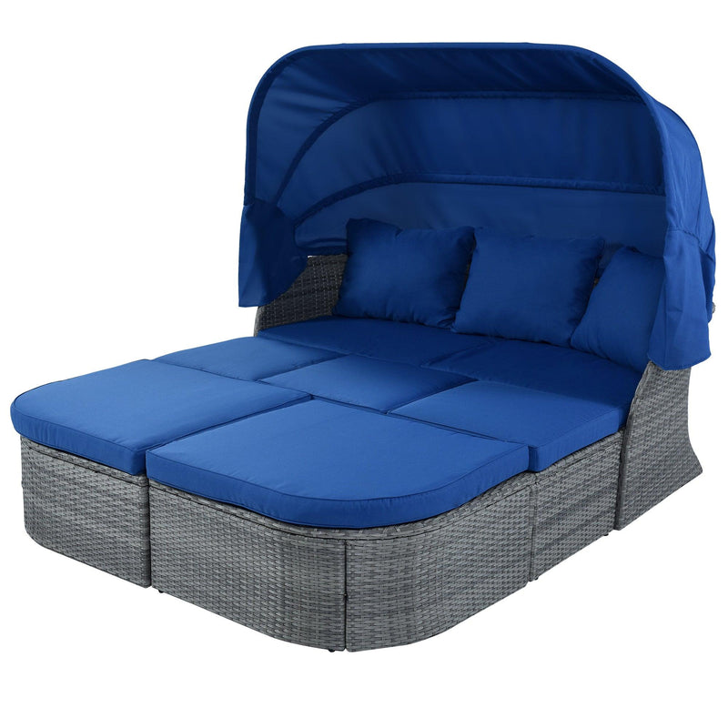 Outdoor Patio Furniture Set Daybed Sunbed with Retractable Canopy and Blue Cushions