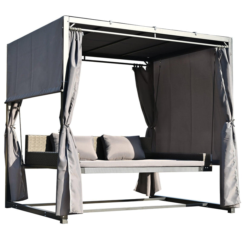 Outdoor Swing Bed with Gray Curtain and Gray Cushion