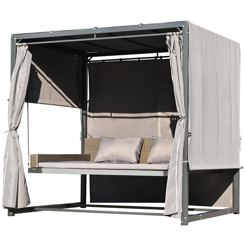 Outdoor Swing Bed with Gray Curtain and Gray Cushion