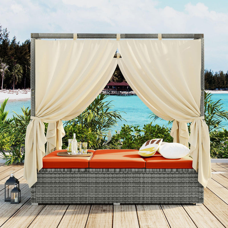 Adjustable Sun Bed With Beige Curtain and Orange Cushion - Urban Living Furniture (Los Angeles, CA)